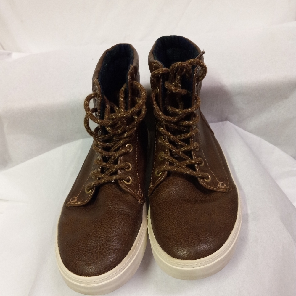 OLD Navy Fashion Sneakers Brown Faux Leather, Plaid Lined Size 1